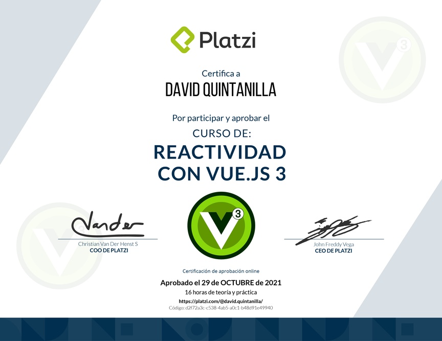 Diploma del Curso de Reactividad con Vue.js 3