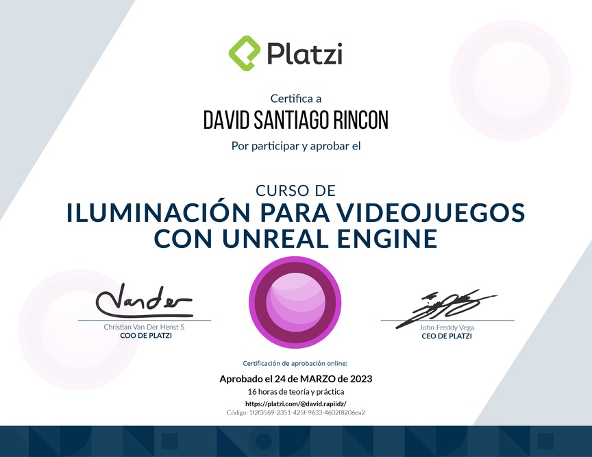 Diploma del Curso de Iluminación para Videojuegos con Unreal Engine