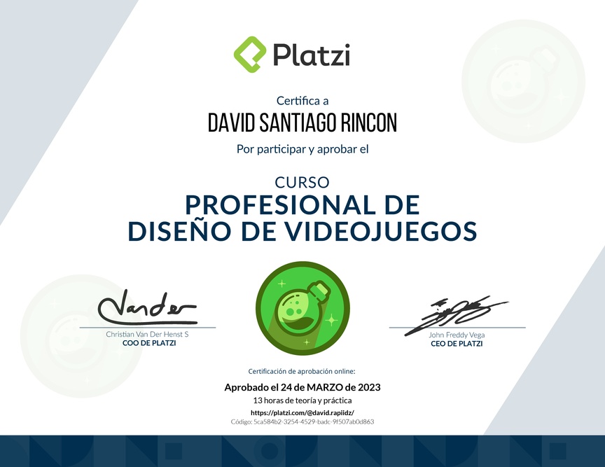 Diploma del Curso Profesional de Diseño de Videojuegos
