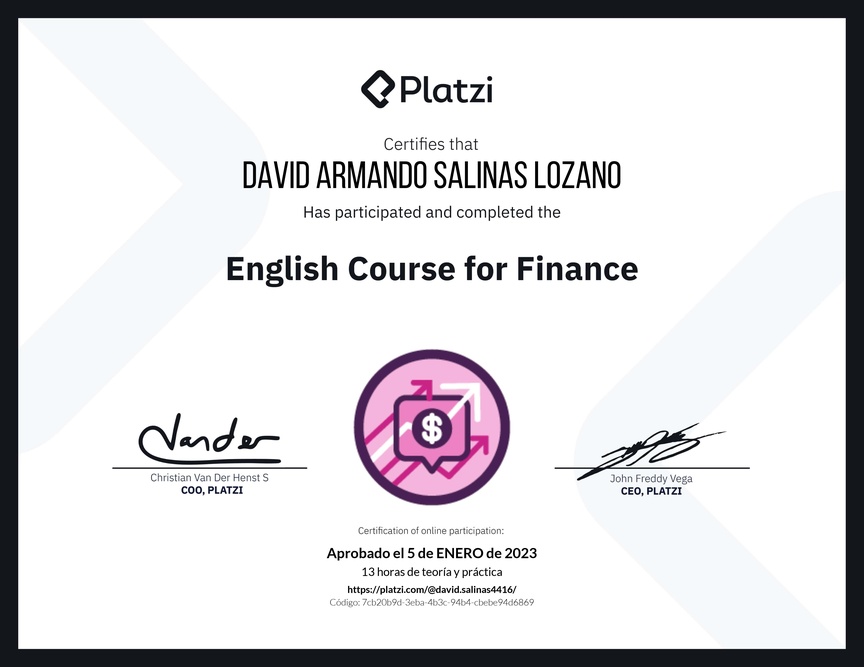 Diploma del Curso de Inglés para Finanzas (2020)