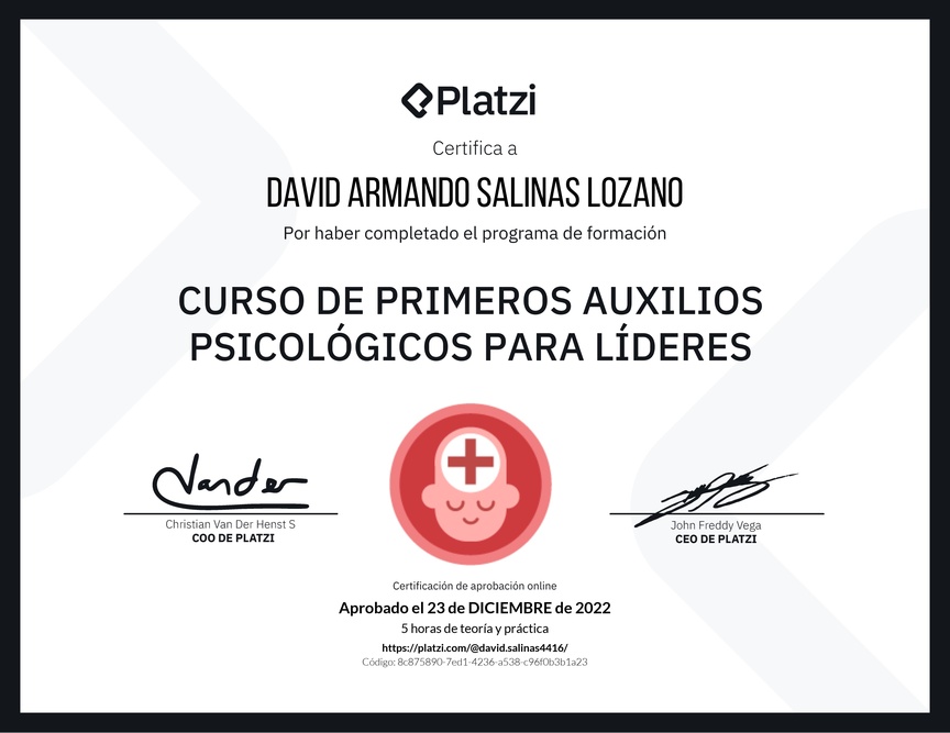Diploma del Curso de Primeros Auxilios Psicológicos para Líderes