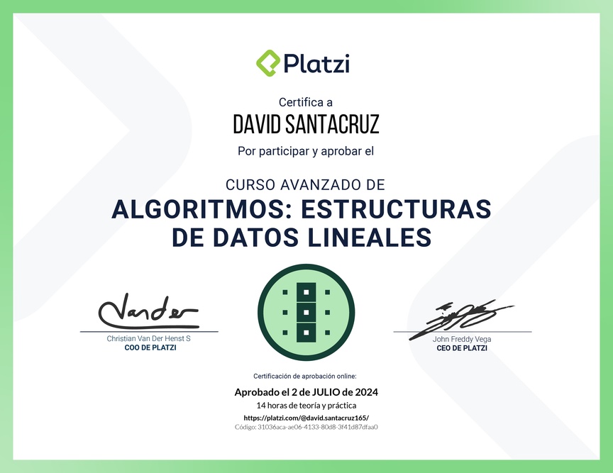 Diploma del Curso de Algoritmos Avanzados: Estructuras de Datos Lineales