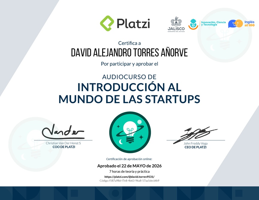 Diploma de Audiocurso de Introducción al Mundo de las Startups