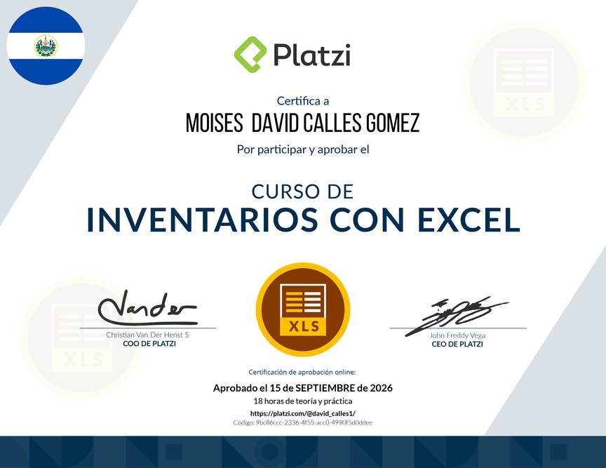 Diploma del Curso de Inventarios con Excel