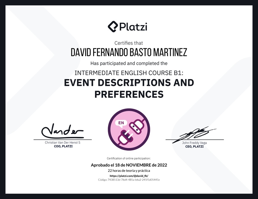Diploma del Curso de Inglés Intermedio B1: Descripción de Eventos y Preferencias