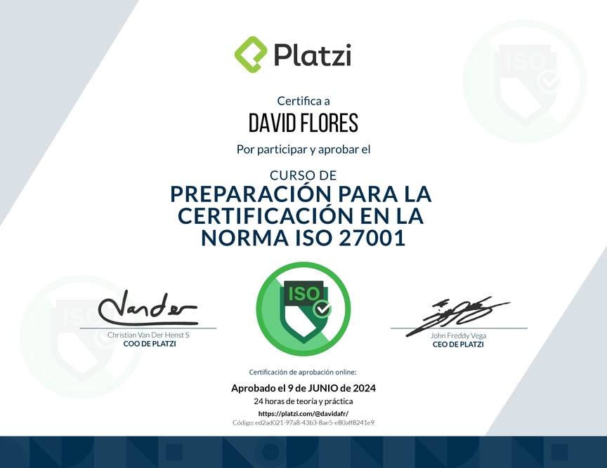 Diploma del Curso de Preparación para la Certificación en la Norma ISO 27001 (2020)
