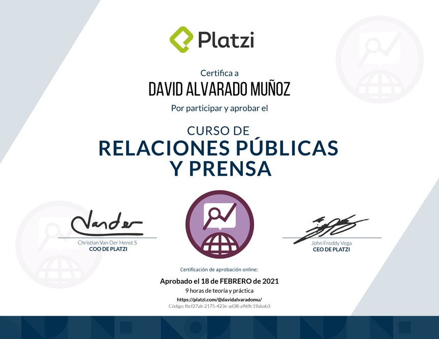 Diploma del Curso de Relaciones Públicas y Prensa 2016