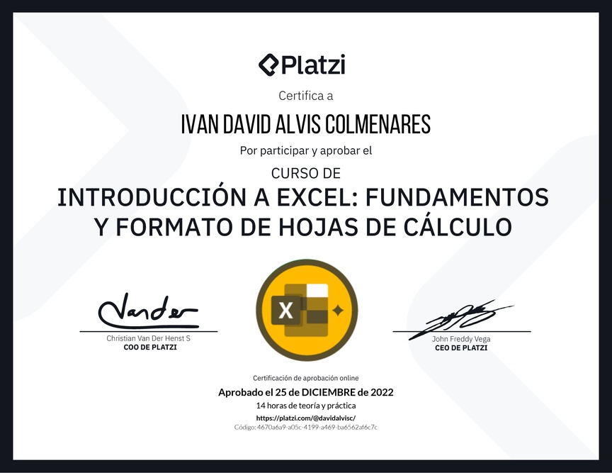 Diploma del Curso de Introducción a Excel para Principiantes: Fundamentos y Formato de Hojas de Cálculo