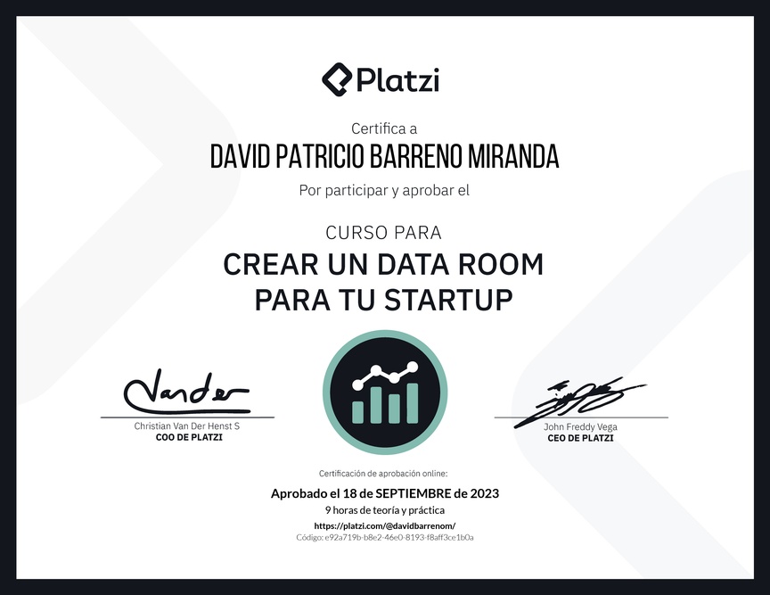 Diploma del Curso para Crear un Data Room para tu Startup