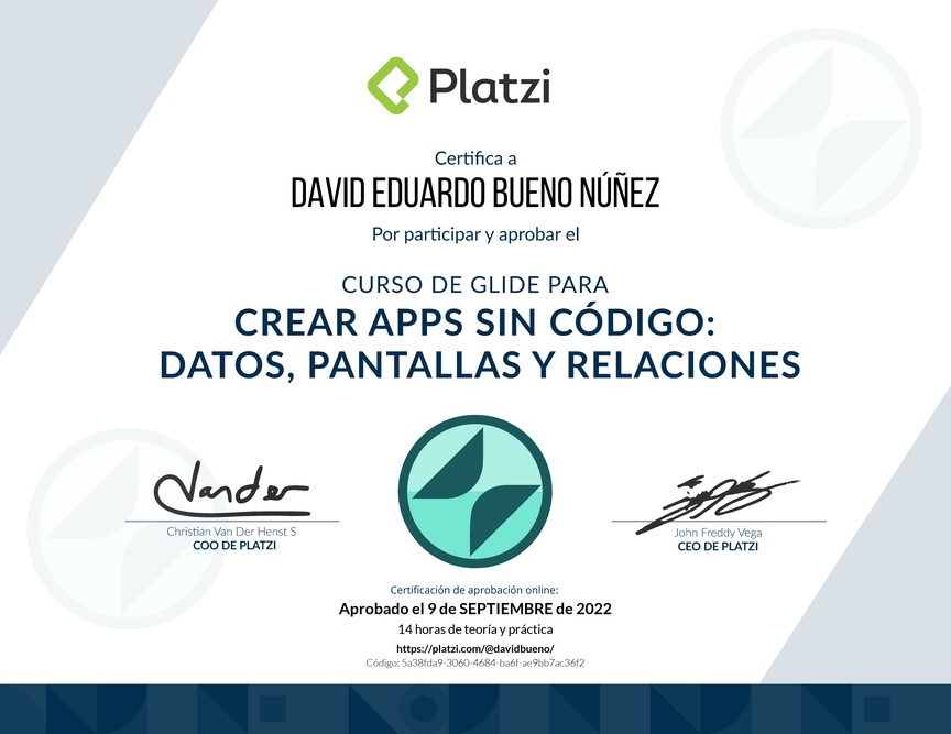 Diploma del Curso de Glide para Crear Apps Sin Código: Datos, Pantallas y Relaciones