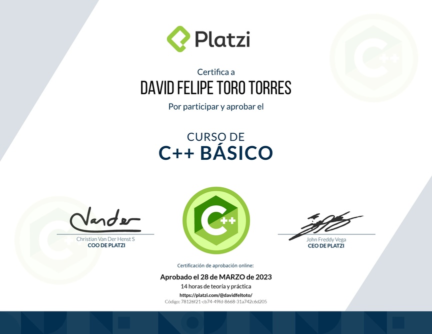 Perfil de @davidfeltoto en Platzi | Diploma del Curso de C++ Básico