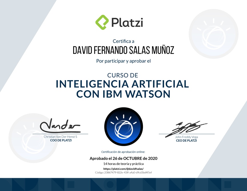 Diploma del Curso de Inteligencia Artificial con IBM Watson