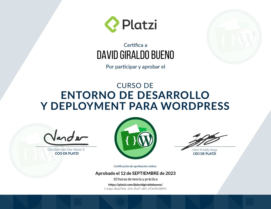 Diploma del Curso de Entornos de Desarrollo y Deployment en WordPress