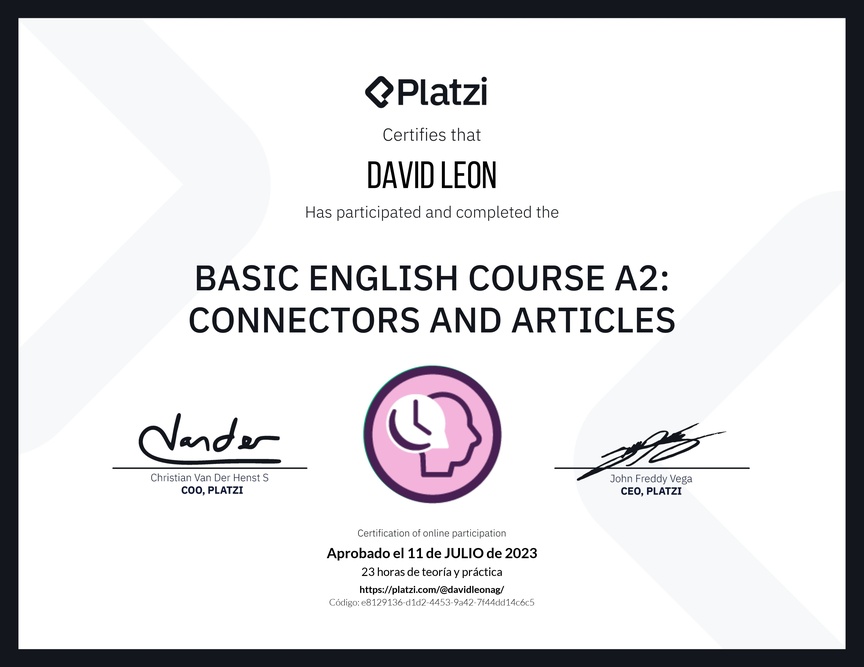 Diploma del Curso de Inglés Básico A2: Conectores y Artículos