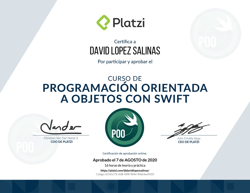Diploma del Curso de Programación Orientada a Objetos en Swift