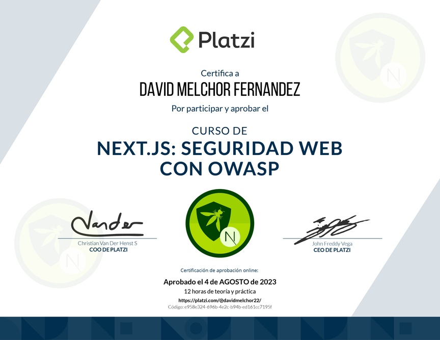 Diploma del Curso de Next.js: Seguridad Web con OWASP