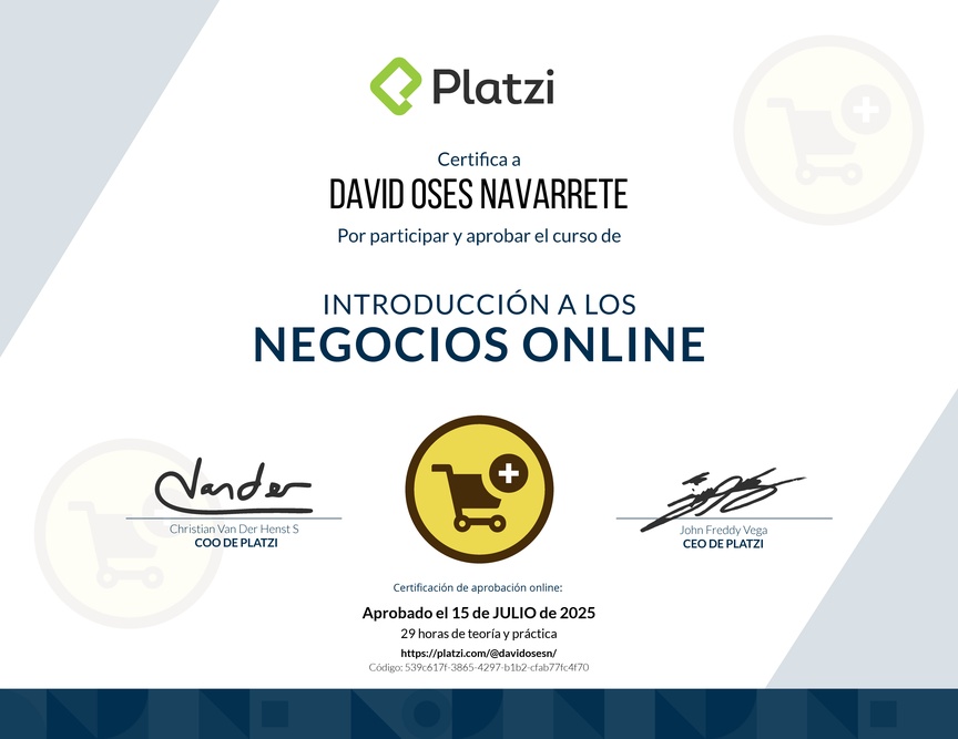 Diploma del Curso de Introducción a los Negocios Online en Ecommerce