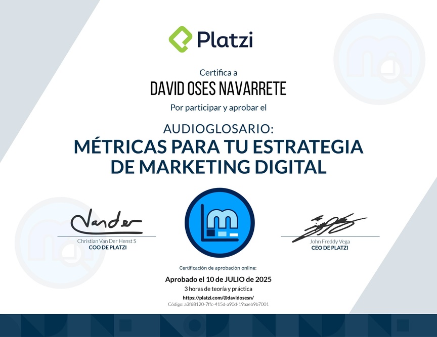 Diploma de Audioglosario Métricas para Marketing Digital