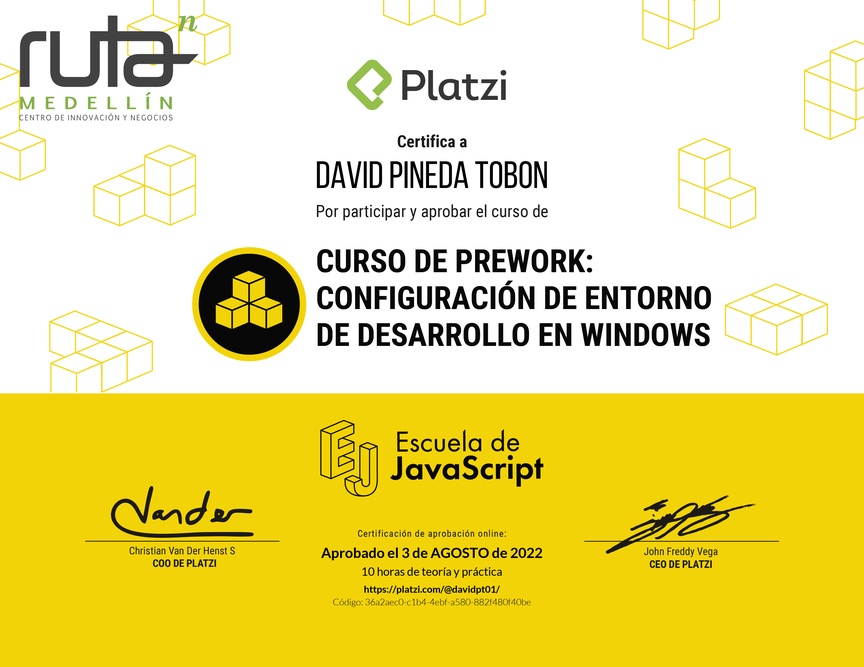 Diploma del Curso de Prework: Configuración de Entorno de Desarrollo en Windows