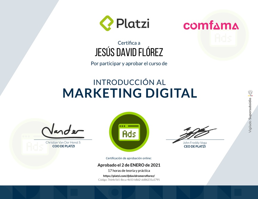 Diploma del Curso de Introducción al Marketing Digital (2018)