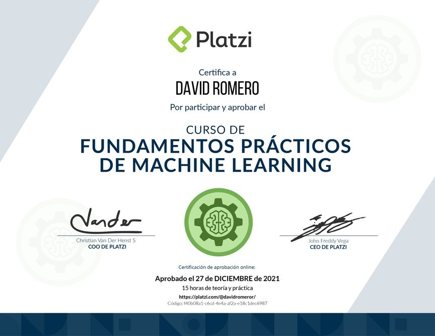 Diploma del Curso de Fundamentos Prácticos de Machine Learning