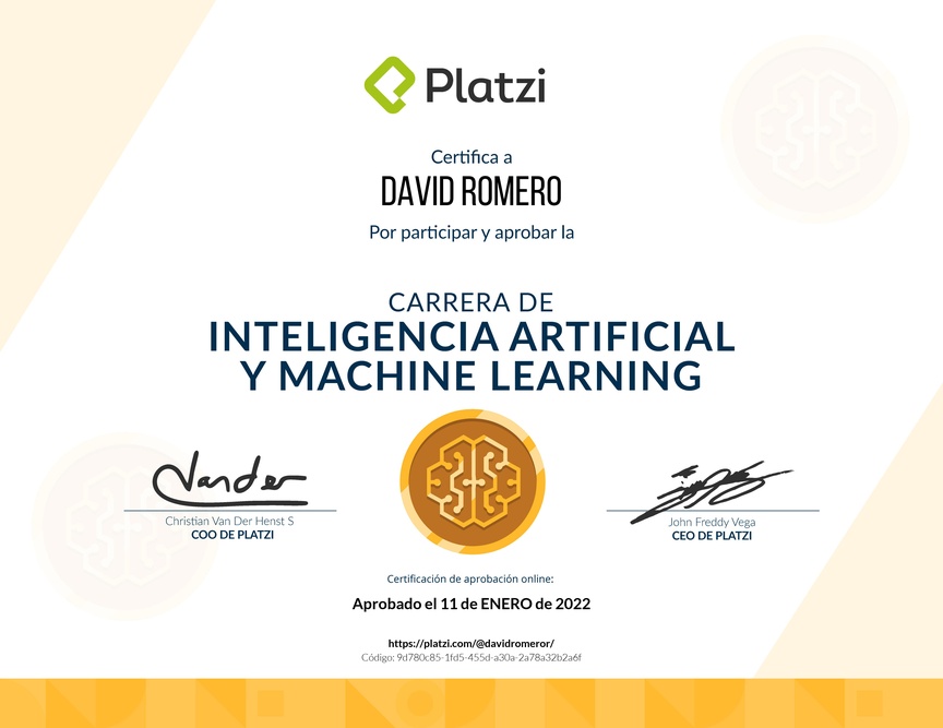 Diploma de la Ruta de Aprendizaje de Inteligencia Artificial y Machine Learning