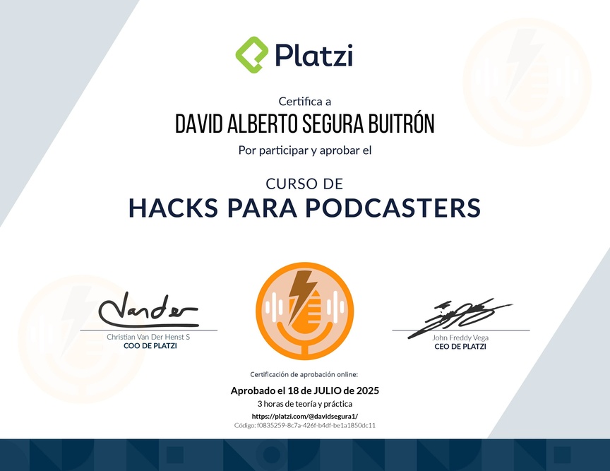 Diploma del Curso de Hacks para Mejorar tus Podcasts
