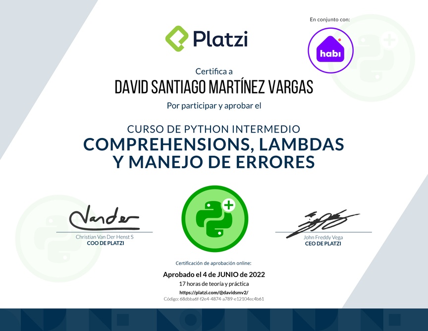 Diploma del Curso de Python Intermedio: Comprehensions, Lambdas y Manejo de Errores