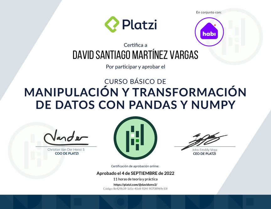 Diploma del Curso de Manipulación y Transformación de Datos con Pandas y NumPy