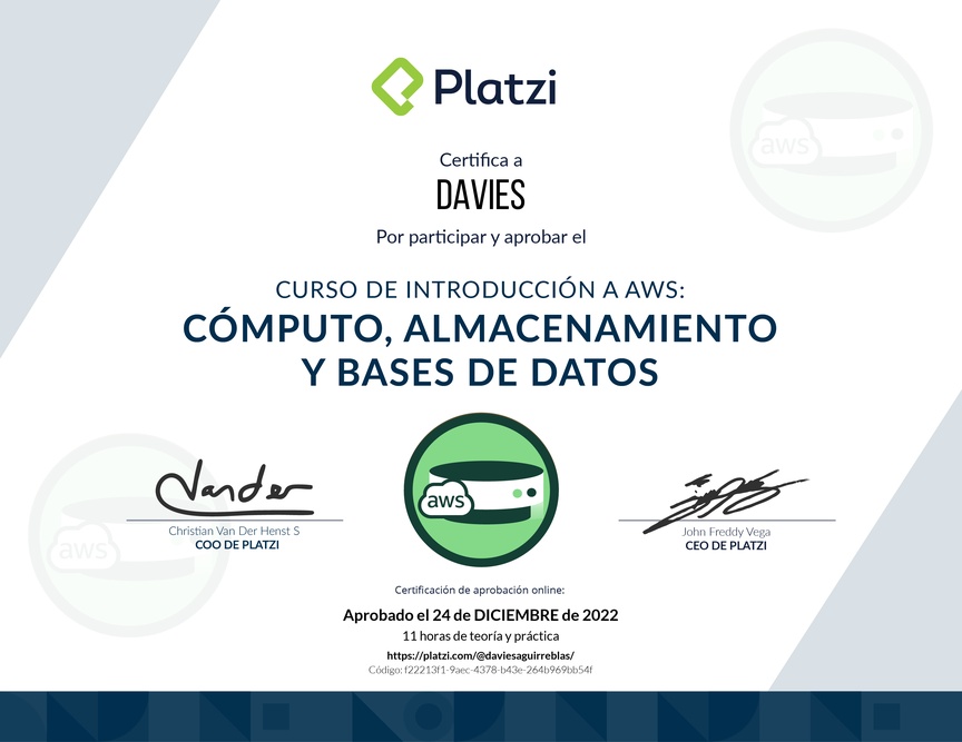 Diploma del Curso de Introducción a AWS: Cómputo, Almacenamiento y Bases de Datos