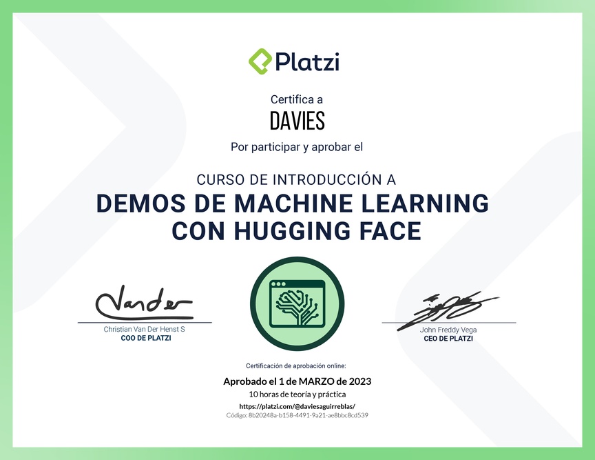 Diploma del Curso de Experimentación en Machine Learning con Hugging Face