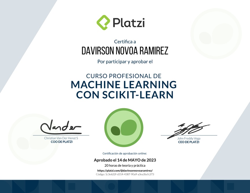 Diploma del Curso Profesional de Machine Learning con scikit-learn