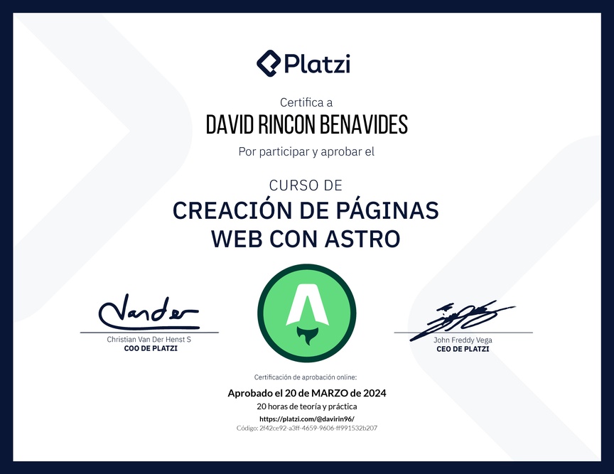 Diploma del Curso de Creación de Páginas Web con Astro