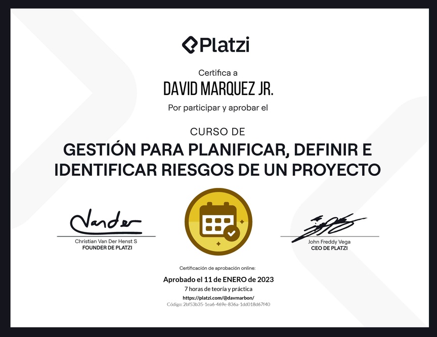 Diploma del Curso de Gestión para Planificar, Definir e Identificar Riesgos de un Proyecto