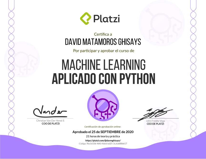 Diploma del Curso de Machine Learning Aplicado con Python