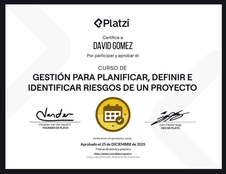 Diploma del Curso de Gestión para Planificar, Definir e Identificar Riesgos de un Proyecto