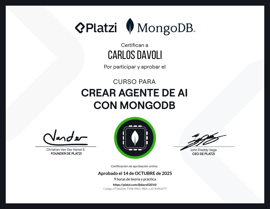 Diploma del Curso para Crear Agentes de AI con MongoDB