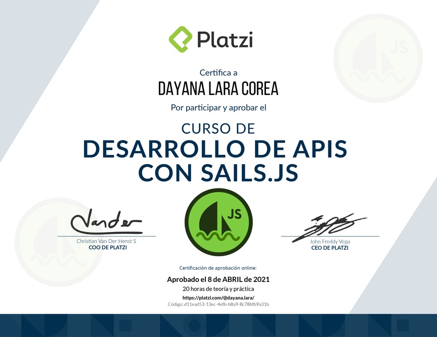 Diploma del Curso de Desarrollo de APIs con Sails.js