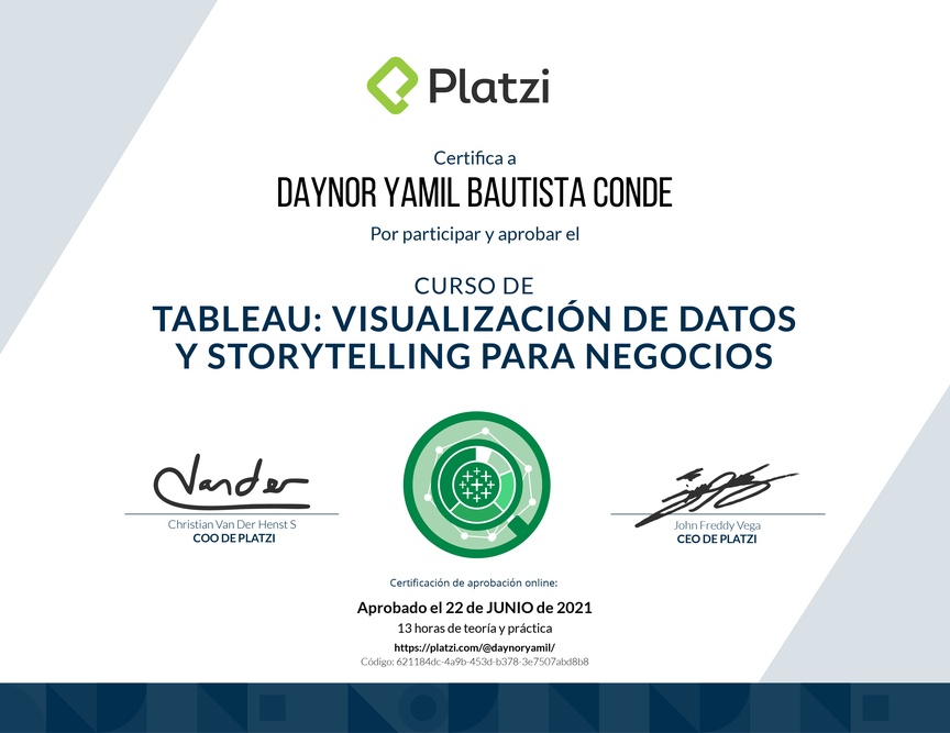 Diploma del Curso de Tableau: Visualización de Datos y Storytelling para Negocios