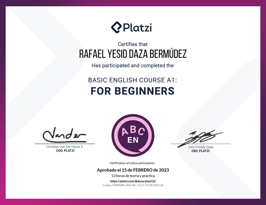 Diploma del Curso de Inglés Básico para Principiantes - (2022)