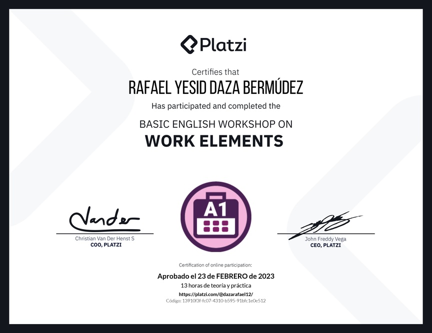Diploma del Curso de Inglés Práctico sobre Elementos de Trabajo