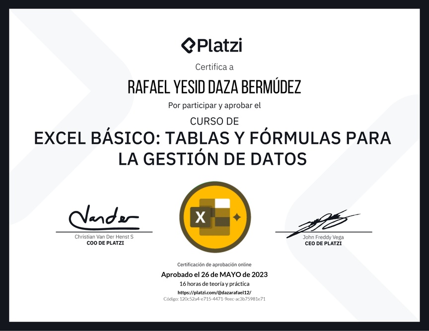 Diploma del Curso de Excel Básico: Tablas y Fórmulas para la Gestión de Datos