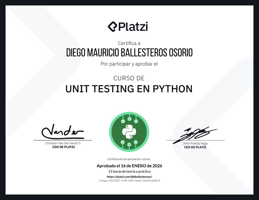 Diploma del Curso de Unit Testing en Python