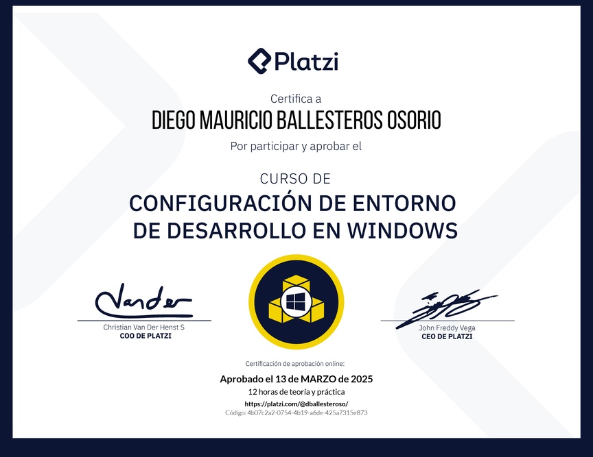 Diploma del Curso de Configuración de Entorno de Desarrollo en Windows