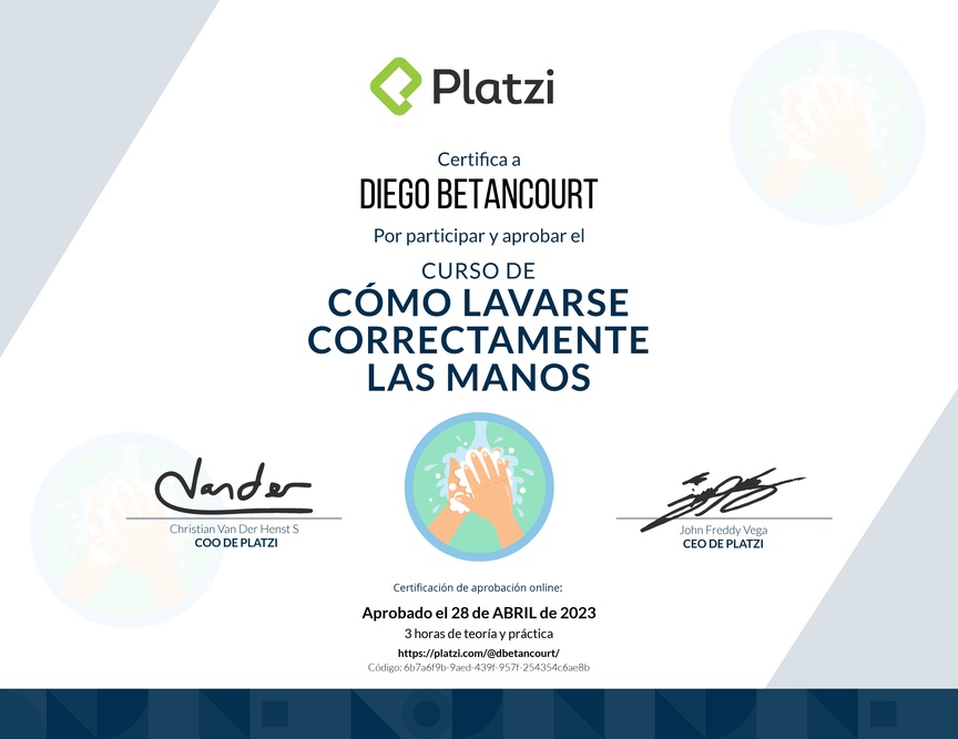 Diploma del Curso para Lavarse las Manos Correctamente