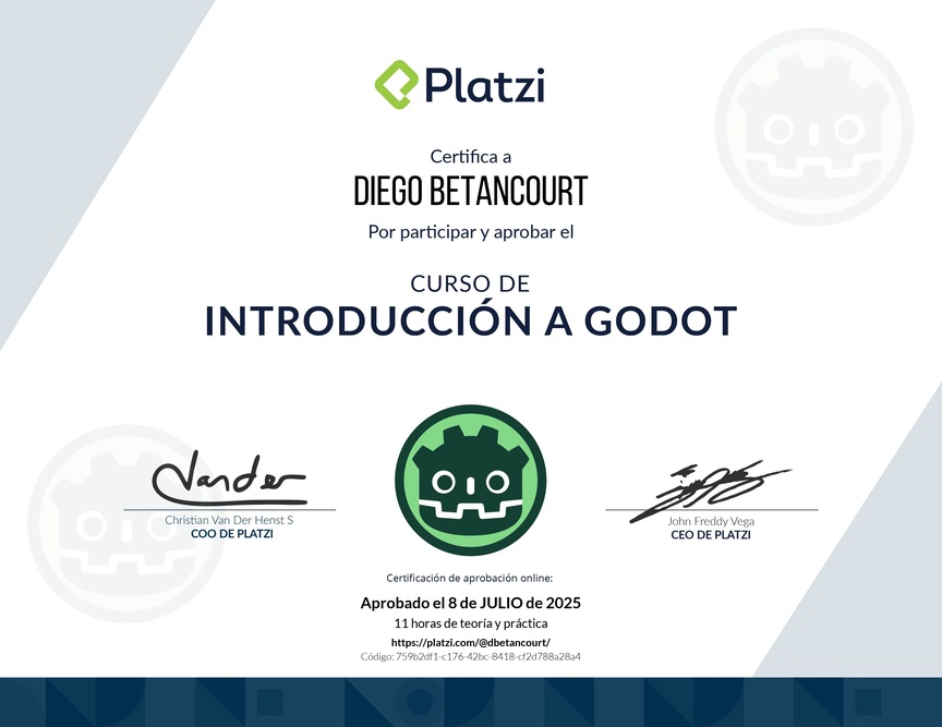 Diploma del Curso Introductorio de Desarrollo de Videojuegos con Godot