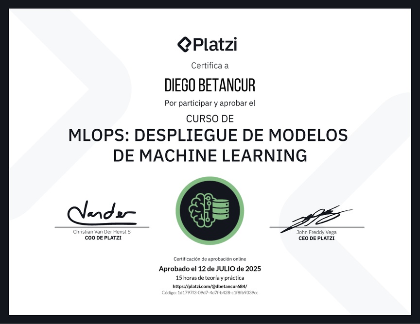 Diploma del Curso de MLOPS: Despliegue de Modelos de Machine Learning
