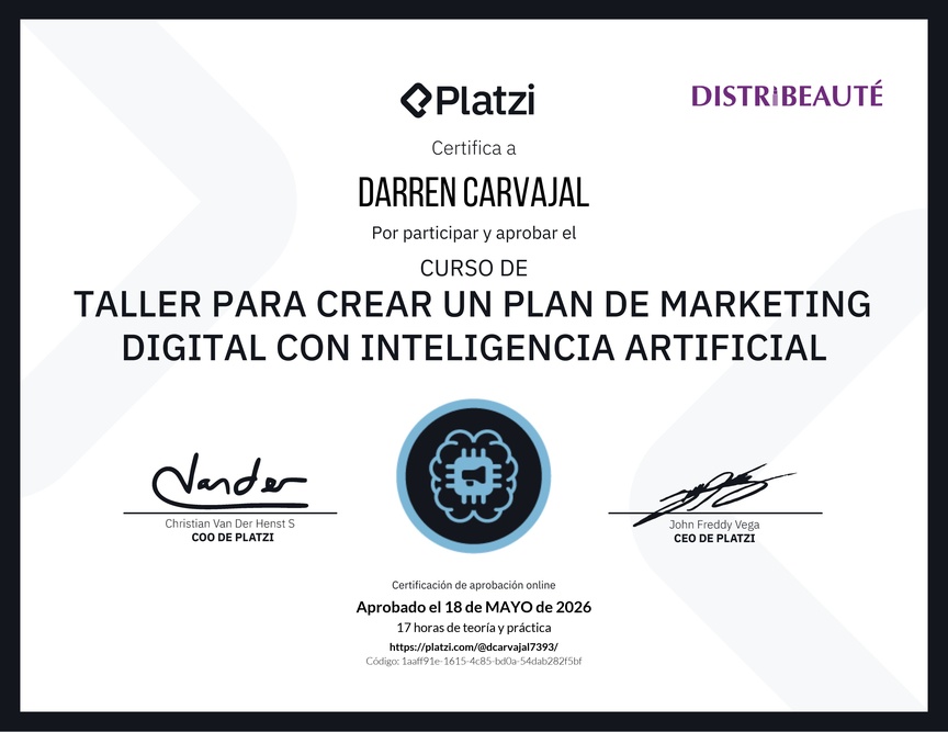 Diploma de Taller para Crear un Plan de Marketing Digital con Inteligencia Artificial