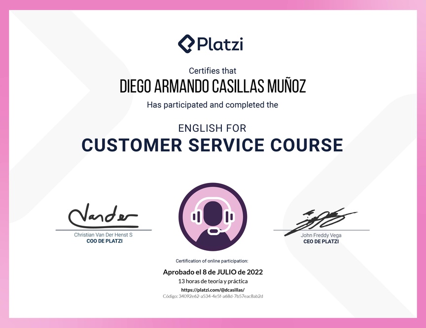 Diploma del Curso de Servicio al Cliente en Inglés (2021)