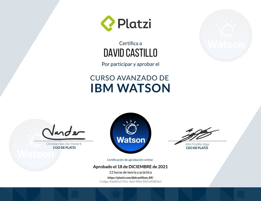 Diploma del Curso Avanzado de IBM Watson